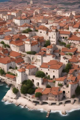 city, renaissance, aerial, island, coast, beaches, rocks, harbor, docks, rooftops, terracotta, tiles, buildings, landscape, "wide shot", "huge walls", "city walls", "white walls", "tall walls"