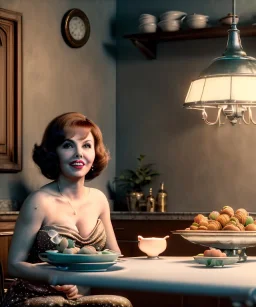 Ultra realistic photographic portrait, happy elegant Gina Lollobrigida woman sitting with arms resting on Italian kitchen table, pretty tortellini dish, classic style decoration, cold, soft color, highly detailed, unreal engine 5, ray tracing, RTX, lumen lighting, ultra detail, volumetric lighting, high definition.