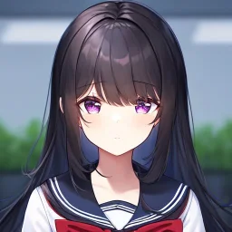 Clear focus,High resolution, Black long fluffy hair, long bangs, and purple eyes, Depressed girl, wearing a sailor uniform, frowning, red bow, Extreme Close up