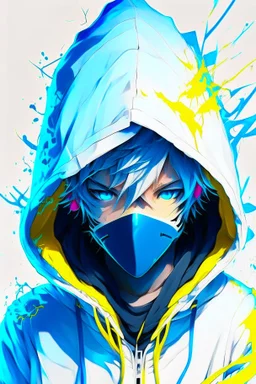 An anime boy who is devilish and wearing a white hoodie with streaks of bright blue and yellow colors, as well as an electronic and neon mask that only covers his mouth with bright yellow and blue colors on the front