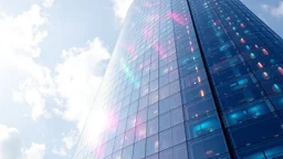 A towering skyscraper with sweeping, curved surfaces made of translucent, iridescent glass. The building features a honeycomb pattern of windows that allow light to cascade through, creating a rainbow effect inside and outside. Award-winning photograph, beautiful composition, exquisite detail and illumination