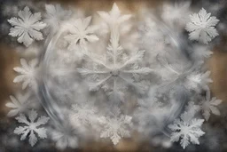 snowflakes, flowers, blur 5%, double exposure, merged layers, silver glitters, in the first part (near to us) of the picture you can see a plain sandblown smoked glass, engraved with a folk art pattern, the glass is cracked in several places, in some places the glass is broken, crumpled burlap, through it you can see a tropical rainforest with a waterfall, mist, tooth, sunrise