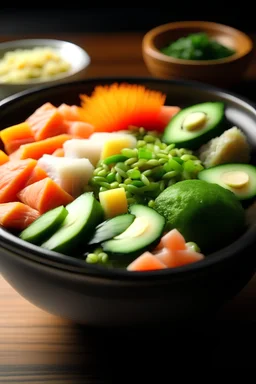 A picture of a bowl of freshly diced raw fish with a variety of toppings such as avocado, cucumber, edamame, and pickled ginger.
