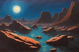 Rocks, night, 2000's sci-fi movies influence, ludwig dettman impressionism painting