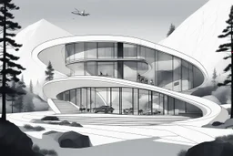 Architectural drawing of a futuristic cabin with a shape inspired by the infinity symbol in plan and the cross in elevation. Glass facades are sandwiched between the curved walls, which are steps leading up to a terrace. There is a driveway leading to the house on the side of the hill, with a luxury jeep parked. There are hikers in the distance and the silhouette of a bird in the clear blue sky and summer weather. green trees