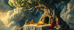 a myrriad and a star golem feast with greek gods, swirling illusion clouds, walls caving in, indian gods also, twisting grid blanket, tree with dimensional door