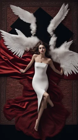 White wings, red dress, scissors. Above black and luxurious carpet. Cinematic picture from above