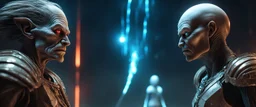 Close-up confrontation between an ancient alien outcast leader and a space broker, standing only a meter apart, intense eye contact, glowing crystalline rod between them, anger mixed with sadness, dramatic facial expressions, shallow depth of field, cinematic lighting, stylized 3D anime, airbrush painting, crisp outlines, rembrandt and titian