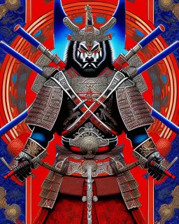 Samurai man intricate ink art hyper-detailed full frontal view maximalist red blue 4k