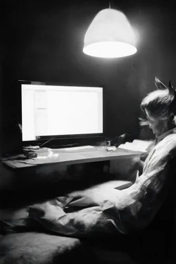 solana king liquidation flush devil in a dark room looing at computer oracle of delphi seeing the future in the style of surrealism black and white