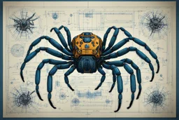 Hand drawn illustration , with detailed blueprints and engineering schematics of robotic Tarantula, with highly detailed facial features, detailed drawings, and technical notation, 8k, vibrant natural colors