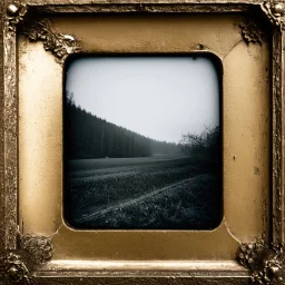 Daguerrotype frame old landscape odd creepy grey obsessive nostalgia weird old postcard landscape, cespugli, rovi, sfocato, sentiero, osceno, dettagli della cornice molto accentuati, polvere, creepy The Ring, tridimensional