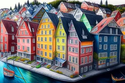 Colored pencil drawing, Very detailed, Drawing of the colorfull houses in the city Bergen in Norway. Colorfull, professional, detailed, pencil strokes, calm composition, zoom out, very detailed and realistic