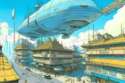 sci-fi flying advertising board trough city by Moebius