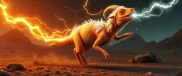 a space sheep wizardt with no hair or wool, and orange lizard like skin, running crazy like a dino, dropping lightening like thor