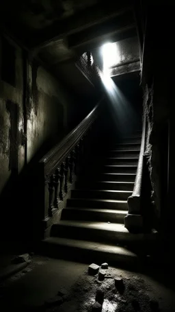 A stair from underground to another room with ghost shadow at the top ,in darkness reigns supreme, swallowing light and casting an eerie gloom. Jagged rocks jut ominously, shadows dancing with unseen creatures. Sinister shapes glide, eyes gleaming in the murky depths. Distant rumblings and creaking sounds fill the water, sending shivers. In this desolate underworld, fear of the unknown pervades every corner, where the slightest movement evokes terror. It's a realm where nightmares manifest