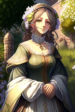 Anime, bubbly middle age woman with medieval gown, outdoors in garden, HD, extreme detail in the face