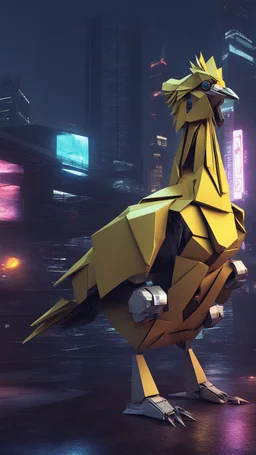 ORIGAMI CHICKEN robot, sci-fi, cyberpunk, full body, ultra realistic, virtual reality, cyberpunk city and colors