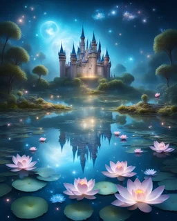 galactic landscape of a magic lake full of lotus flowers and fairytale castle in the background with sparkling white stars tiny electric blue butterflies