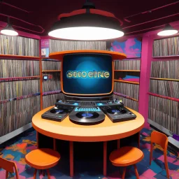 3-d render cartoonish classic inside a dj vinyll record shop record store
