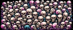 a field of 1000s of cartoonish, anatomically correct, skulls, vivid RANDOM BRIGHT neon colors, dark comedy, well lit, high detail, photorealistic, horrorcore, fun, scary, dead, 100% detail on all drawn, nothing partial or filler, by fictional tattoo artist, all orbiting a black hole