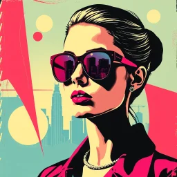 Pop art composition of a stylish woman wearing reflective sunglasses reflecting a city skyline, abstract shapes in background, classic advertising vibe, by Warhol