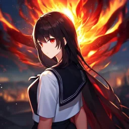 Clear focus,High resolution, Black long hair, Red eyes,Wearing a black sailor uniform,Looking away from the viewer, Back view, Ready for a epic battle between gods, Blurry fire