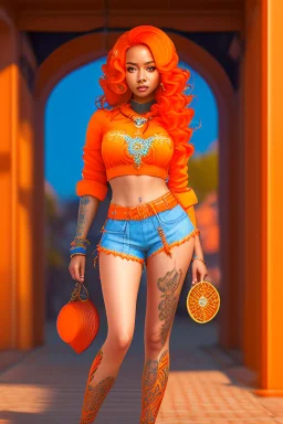 Full body of beautiful girl nami, Hair Color: Orange, Style: Wavy, Outfit Top: Blue, Outfit Bottom: Orange, Shoes: Brown, Accessories: Tangerine, Weapon: Clima-Tact, Hat: Straw, Tattoo: Pinwheel, Earrings: Hoops, sophisticated,, beautiful woman, hyper realistic, hyperrealism, photoreal, realistic, photorealistic, soft pastels, full-body, standing, long shot, wide angle, aesthetic