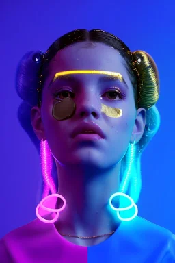 Rosalía artist, Realistic image, natural waist up portrait, perfect eyes, glow eye, black eye line, sweet face, pigtails hair, spray line make up, geometric, gold, big rings piercing, led ornament, bubble latex coat, inflatable, cold, led lights, geometric, neon, pink, blue, gold, vibrant color, highly detailed, art stations, concept art, smooth, unreal engine 5, god lights, ray tracing, RTX, lumen lighting, ultra detail, volumetric lighting, 3d, finely drawn, high definition, high resolution