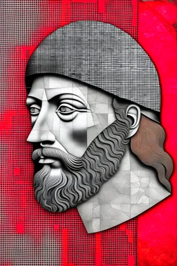 Portrait of a patient with an obsessive episode of bipolar disease made by leonardo davinci , mixing with cubist art in black, white and gray and red color gradation