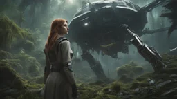 Wide-angle, woman with straight hair, dressed like a robot, with equipment in her hands, next to a crashed spaceship, in a clearing on an alien jungle world