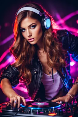 Photography super model pretty girl with headphones playing music on a turntable, dj rave party disco club