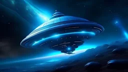 Hyperrealistic. Alien space ship near a blu planet