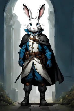male white Rabbit standing up with blue eyes dnd in shadow armor wearing a cloakand boots