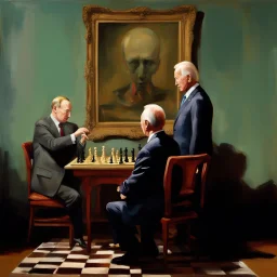 Putin, President Xi Of China And Joe Biden Play Chess With A Pigeon,Ufo And Atomic Bomb Mushroom Cloud,Complex Surgical Instruments Intermixed With A Newborn Boy,Minimalism,Painting By Adrian Ghenie,Rene Magritte,Pablo Picasso,Michelangelo,Salvador Dali,Lucian Freud