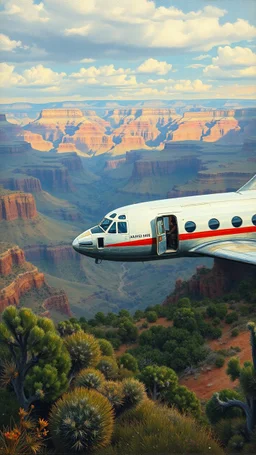A 1960 commercial airplane with broken glass and doors down in the valley of the Grand Canyon a top view , in a forgotten battlefield over run by vegetation, cutesy tiktok detailed oil painting, grainy, old style