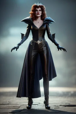 younger Rene Russo as evil queen in leather, cleavage, angry, stern look, unreal 5, octane render,cinema4d, dynamic lighting, dramatic lighting, 4k, redshift render, highly detailed, hyper realistic