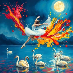 create a vibrant gouache painting of a Swan Lake ballerina skater leaping mid-air, trailing an explosion of liquid paint in crimson red, cobalt blue, and golden yellow forming radiant swan-like wings, shimmering water below with elegant swans gliding, some transforming from colorful paint splashes, glowing moonlit sky, painterly textured dreamlike fantasy --ar 16:9 --v 6.1