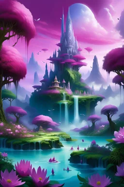 In the celestial garden, pink and purple clouds intertwine. Giant pitahaya flowers sprout from floating cliffs, with translucent petals. A white tower, green vines, dragon trees with pink and purple fruits, attracting mythical creatures. Iridescent butterflies flutter, reflecting the sky in a crystalline pond where fish swim among water lilies. White paths wind, revealing enchanted corners of this kingdom.