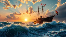 a big ship in oecieon in powerfull waves ,a beautiful sun set and dreamy clouds , young couple dancing on its deck and flowers flows from deck to water