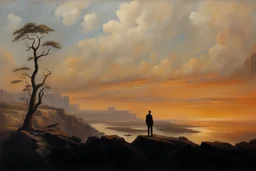 oil painting, an old track on a tall cliff, a man standing on the cliff and looking at the flooded city below him