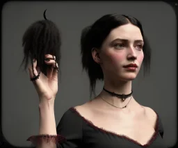 1800s, witch, victorian, portrait, choker, black curly hair, hands