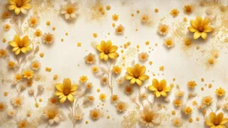 Hyper Realistic Beige-&-Yellow small-multicolor-flowers With Glowing Golden Embers On Off-White Grunge Wall Background.