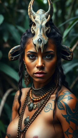 General , ultra HD shot of a beautiful young woman with Mayan features, tribal tattoos, textured copper skin, elongated skull, tribal jewelry, large, Background of the figure in a jungle environment.