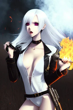 close-up gothic anime girl, white hair, tight outfit with gun on thigh, standing on a train track, smoke and fire surroundings, she is dull and dark, looks determined , train approaching behind her, poeti style