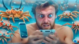 guy with creepy smirk watches censored videos on smartphone surrounded by tiny crabs