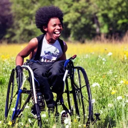 black boy joy, black teenage boy in wheelchair frolicking through a meadow with unrestrained happiness