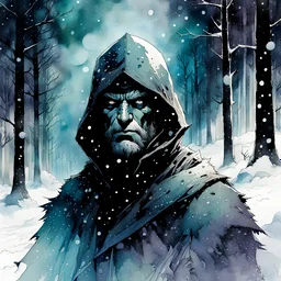 Eiskönigin, halfbody, Night, forest, snow, blizzard, created in inkwash and watercolor, carnival in the comic book art style of Mike Mignola, Bill Sienkiewicz and Jean Giraud Moebius, highly detailed, grainy, gritty textures, , dramatic natural lighting