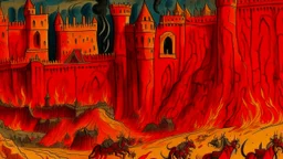 A red fiery vampiric fortress designed in Bayeux tapestry painted by Vincent van Gogh