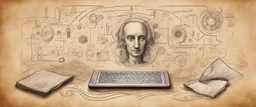 diseño imaginado de inteligencia artificial, computadora portatil, telefono celular, iconos, información digital, textura de papiro, papel antiguo, manchas irregulares de humedad, boceto a mano en el estilo de leonardo da vinci